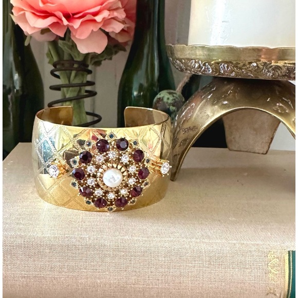 Glittering Crystal Wide Gilt Metal Cuff Designed by Graziano - Picture 2 of 5